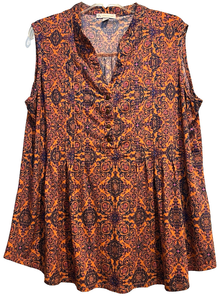 DB Established Sleeveless Top Size 2X Orange Pink Purple Print Stretchy Tunic