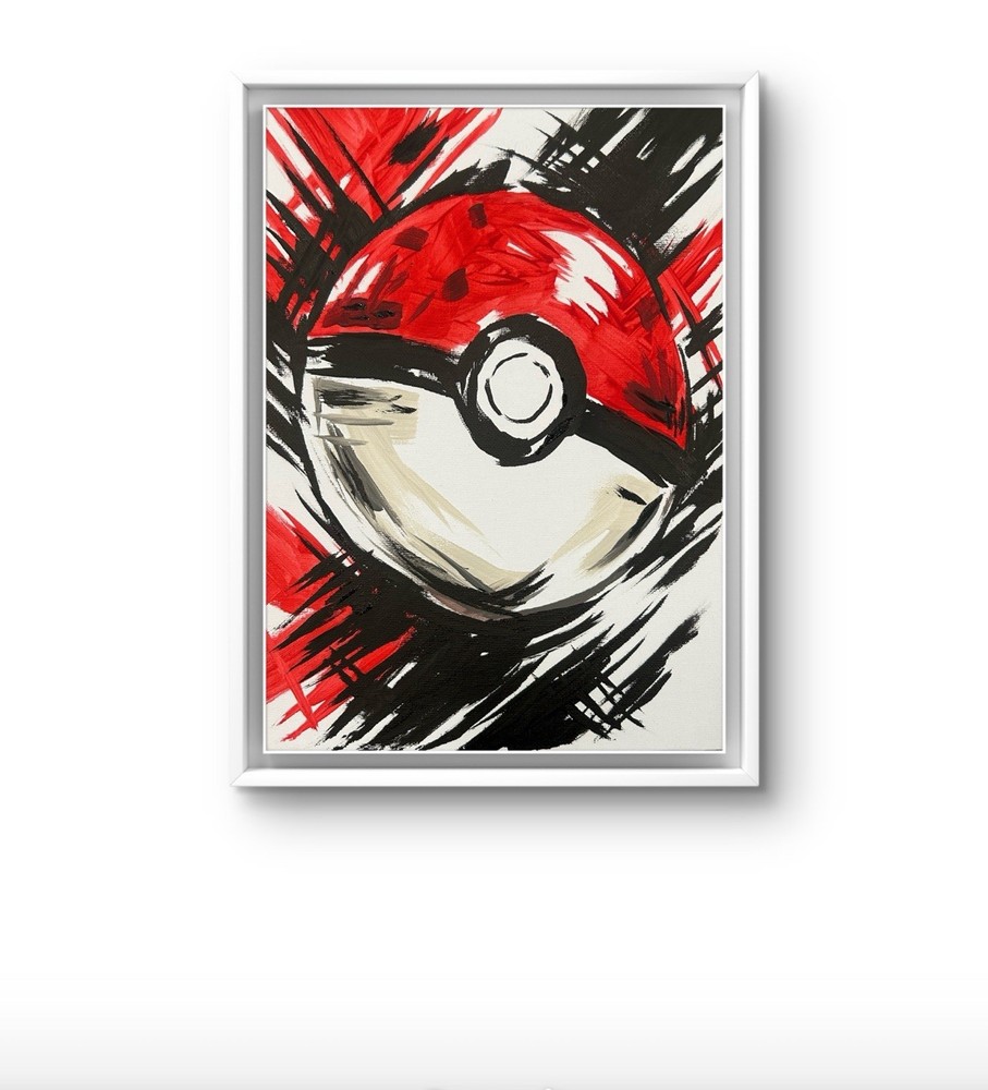 Original Abstract Pokémon Pokeball Painting 9x12 canvas panel Modern Wall Art