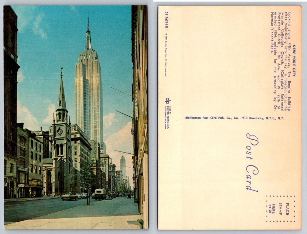 1964 NYC Empire State Building & Marble Collegiate Church Postcard