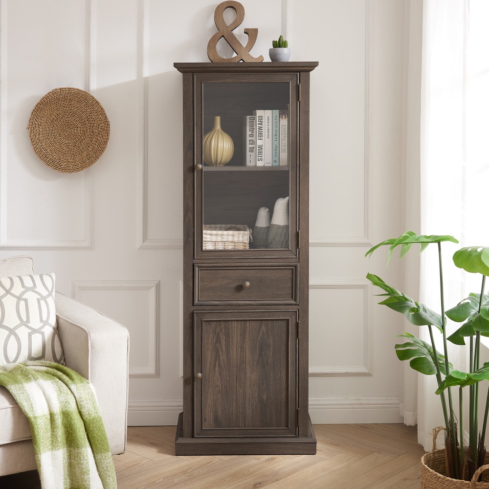 Storage Cabinet with Glass Doors, Shelves, and Drawers
