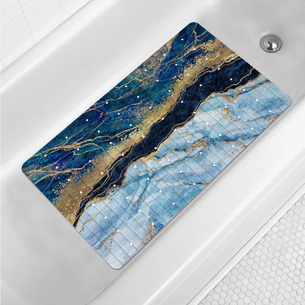 Blue Marble Bathtub Mat Non Slip Modern Art Mats Gold Abstract for with Suction-image