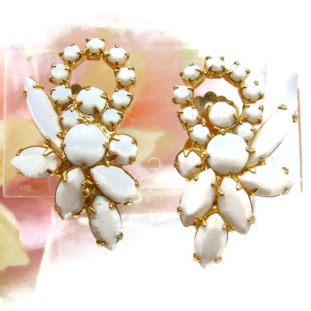 Fab Milk Glass Rhinestone Earrings Gold Tone Halo Design Clip On