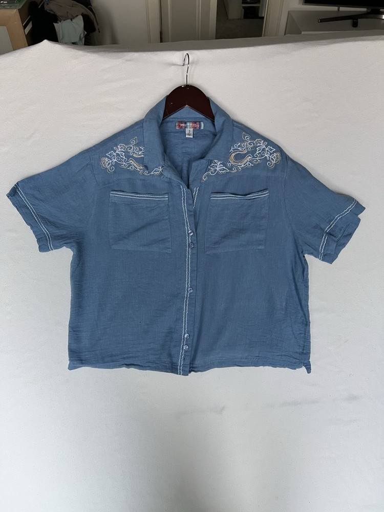 Urban Outfitters Embroidered Button Up Shirt Blue Women’s Small Boho Top
