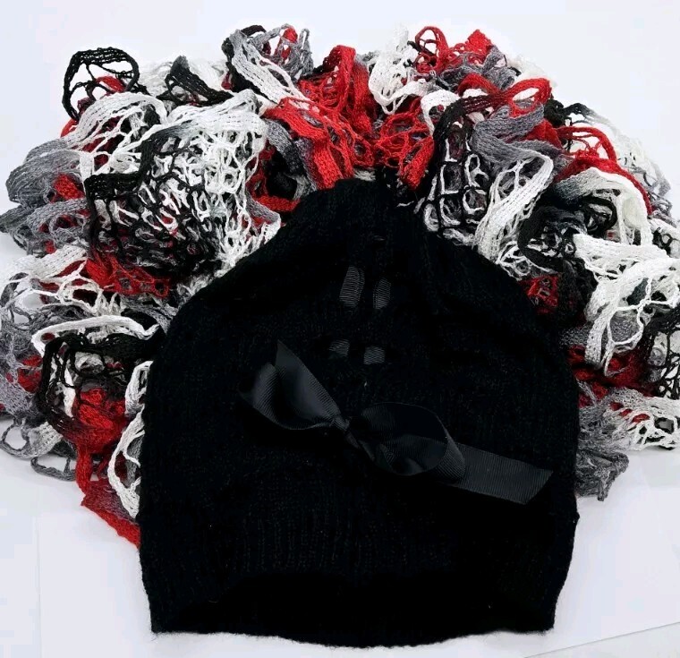 Handmade Crocheted Fashion Ruffle Scarf Black Red Grey Multi 67 in with Hat