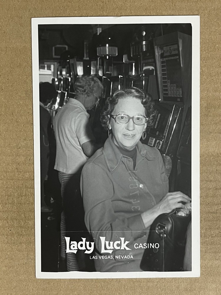 Postcard RPPC Las Vegas NV Nevada Lady Luck Casino Woman Playing Slots Vintage