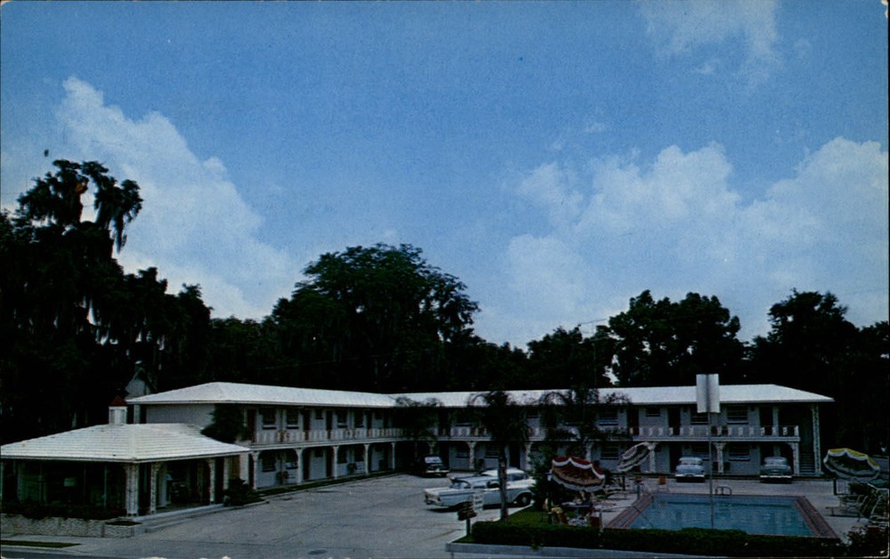 Orleans Motel Ocala Florida swimming pool vintage cars ~ 1950s-60s postcard