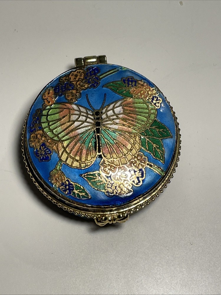 Cloisonne Trinket Box Butterfly Enamel Round Hinged Sky Blue  Metal Pill Box Vtg