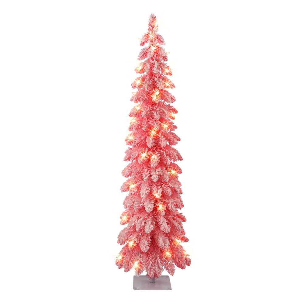 Puleo International 4 ft Pre-lit Pink Flocked Alpine Pencil Christmas Tree