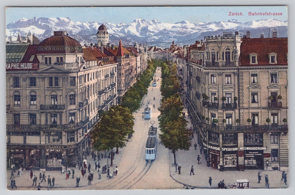 Zurich Switzerland Bahnhofstrasse Trolleys Alps View Antique Postcard c. 1910s