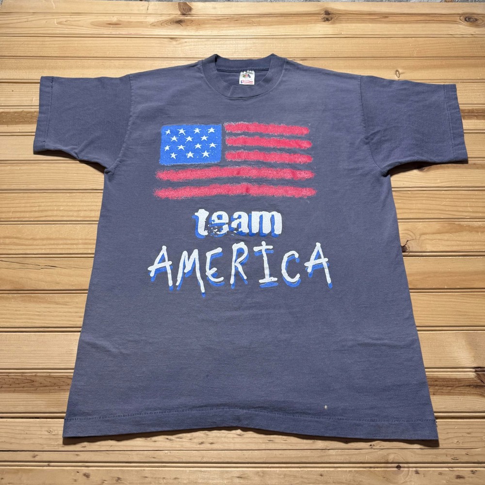 Vintage 90s Team America USA Flag Patriotic Faded Single Stitch T-Shirt Large