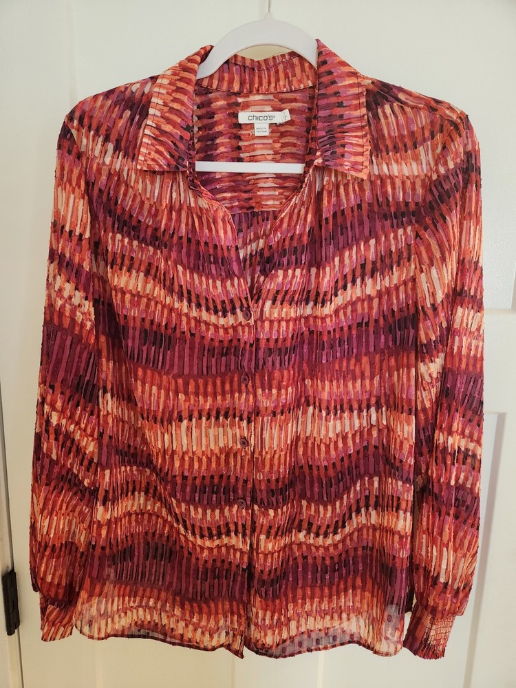 Chico's Women's Sheer Long Sleeve  Multicolor, Button-Up Top, Size 1