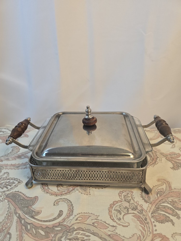 Square Silverplated Chafing Serving Dish W/Anchor Hocking Glass Dish & Handles