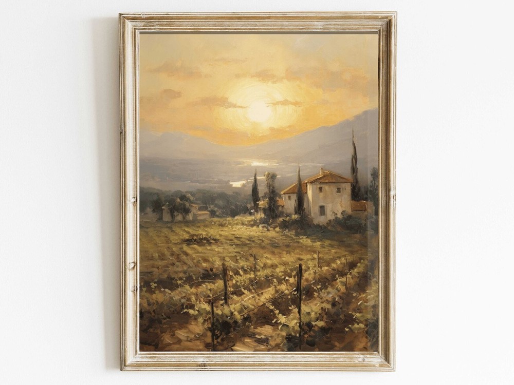 Vineyard Painting Mediterranean Wall Art Tuscany Italian Landscape Print Rustic