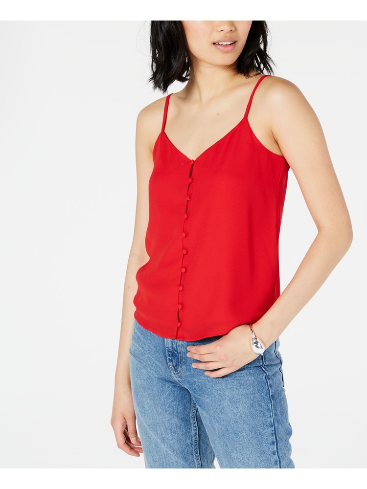 MAISON JULES Womens Red Button-front Spaghetti Strap V Neck Tank Top Size: XXS