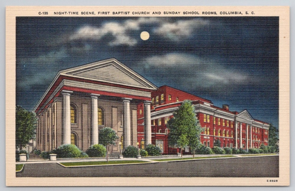 Night Scene First Baptist Church Columbia SC Linen Postcard c1930s
