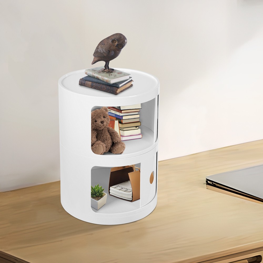 3-Tier Round Nightstand with Drawers and Sliding Door Storage