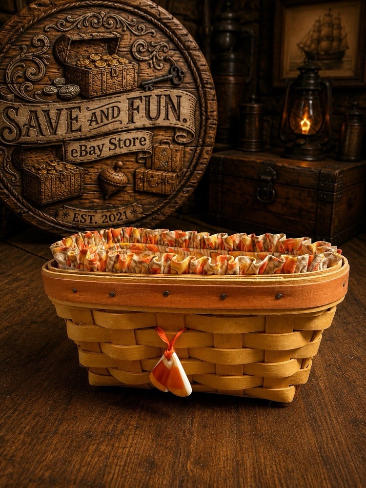 Longaberger 1999 Candy Corn Basket + Liner + Protector + Tie-On Halloween Fall