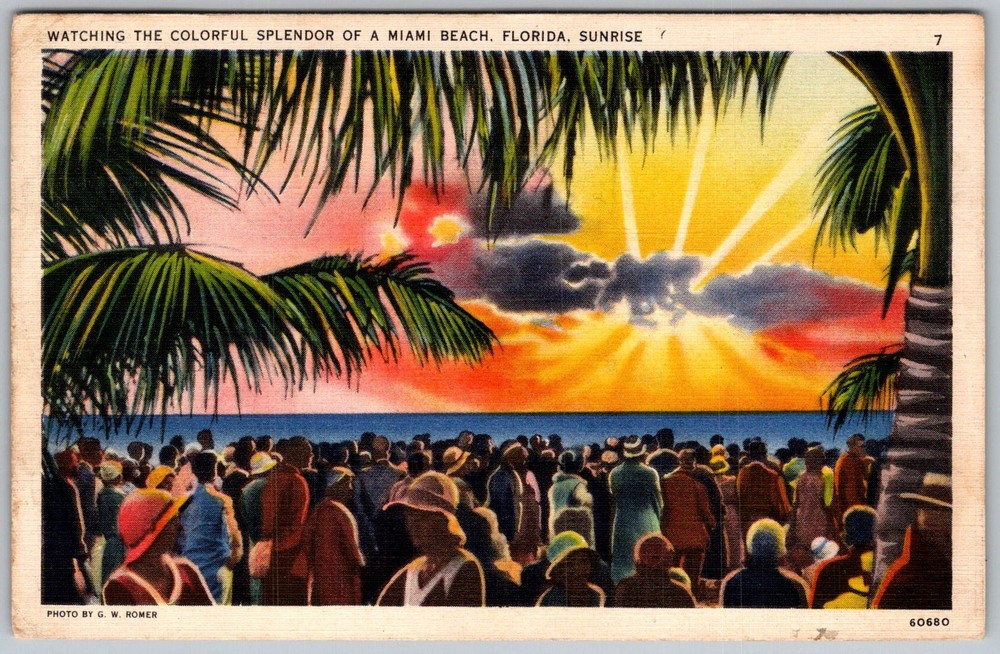 Vtg Linen Postcard Sunrise Crowd Palm Trees Miami Beach, FL 1940s
