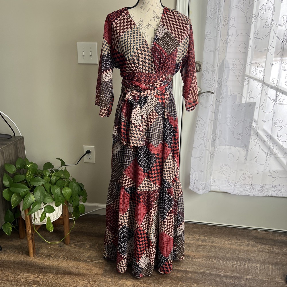 Molly Bracken Faux Wrap Maxi Dress Women's XS Multicolor Patch Boho Peasant