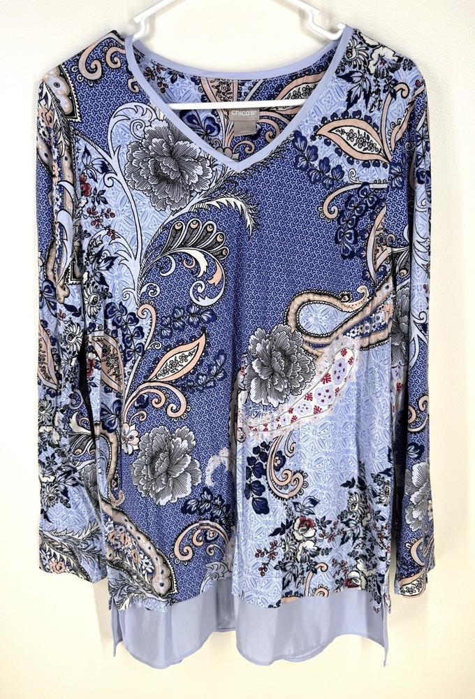 Chicos Tunic Blouse Top Floral Long Sleeve V-neck Medium Stretch Blue Layer