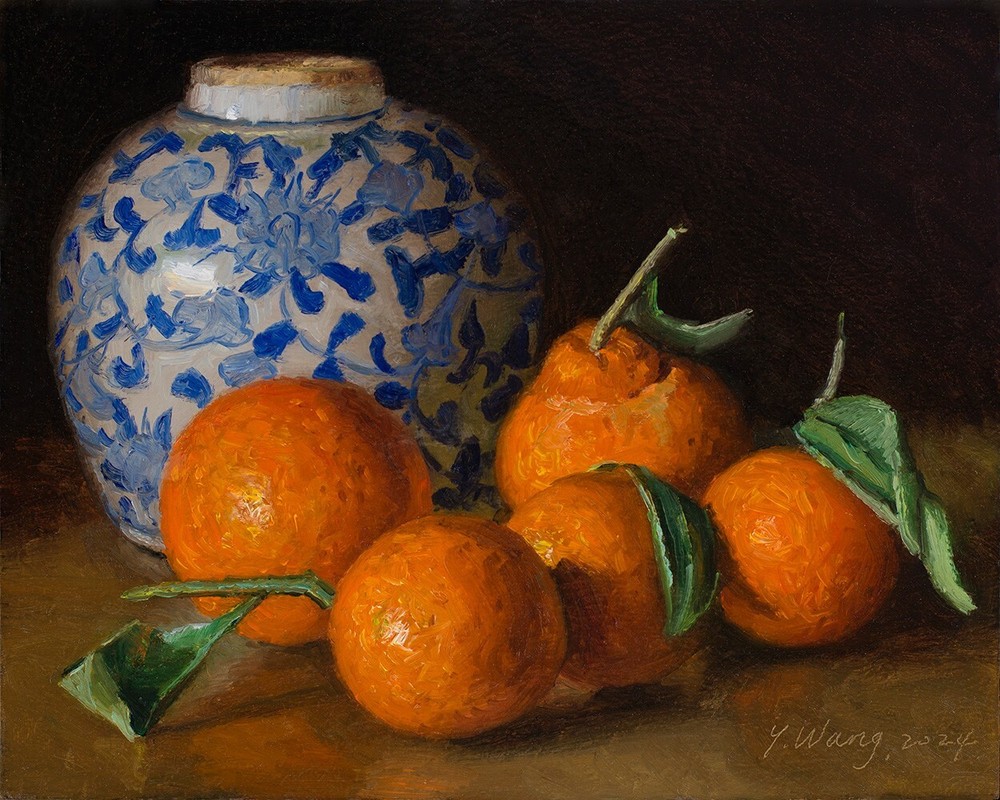 oranges, blue white ceramic, giclee fine art prints of my painting Wang Fine Art