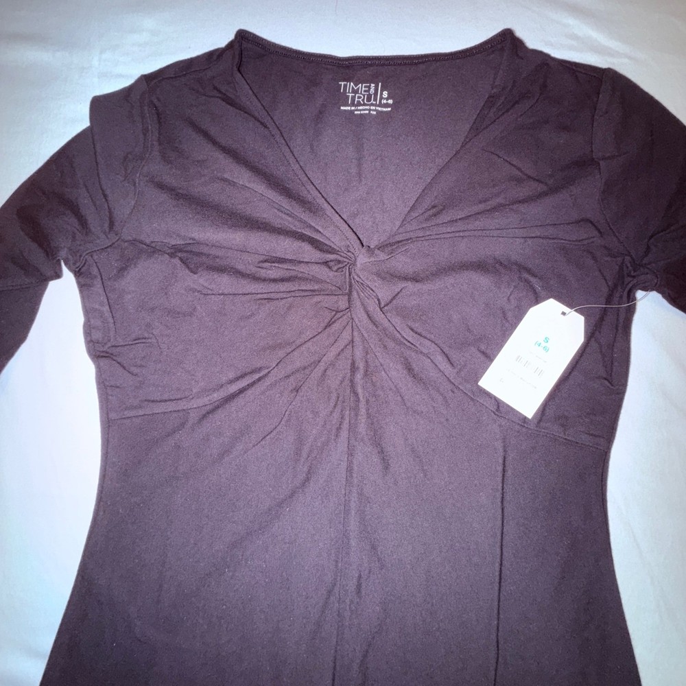 Time & Tru Twist Front Top Women Size S Black NEW Long Sleeve V-Neck