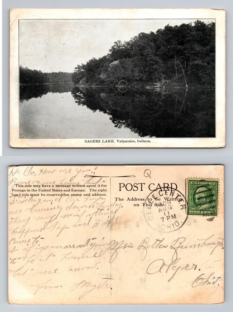 Valparaiso, IN-Indiana, Sagers Lake Woodland Reflection, Vintage c1909 Postcard
