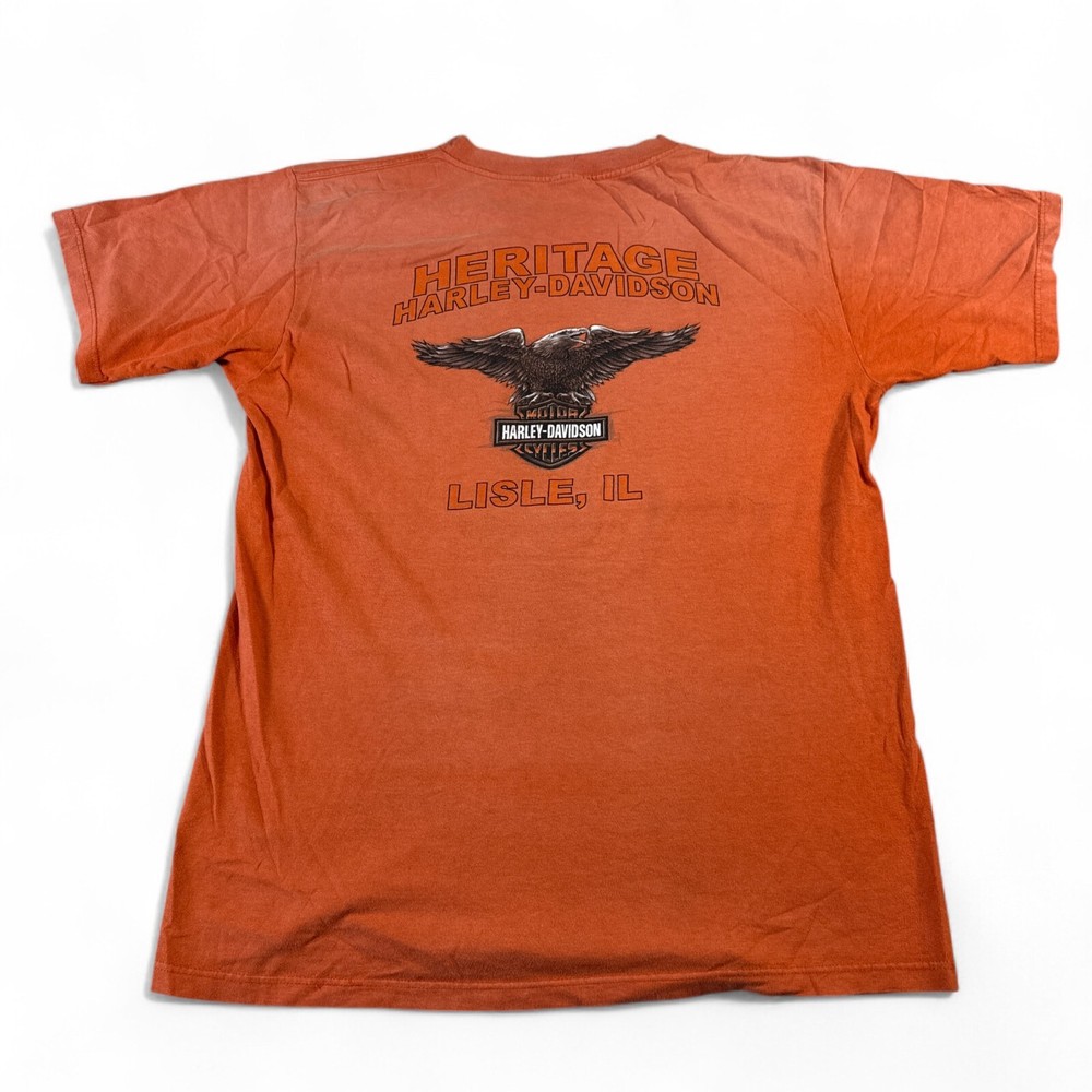 Vintage Y2K Harley Davidson T Shirt Adult Size Large Orange Motorcycle Eagle