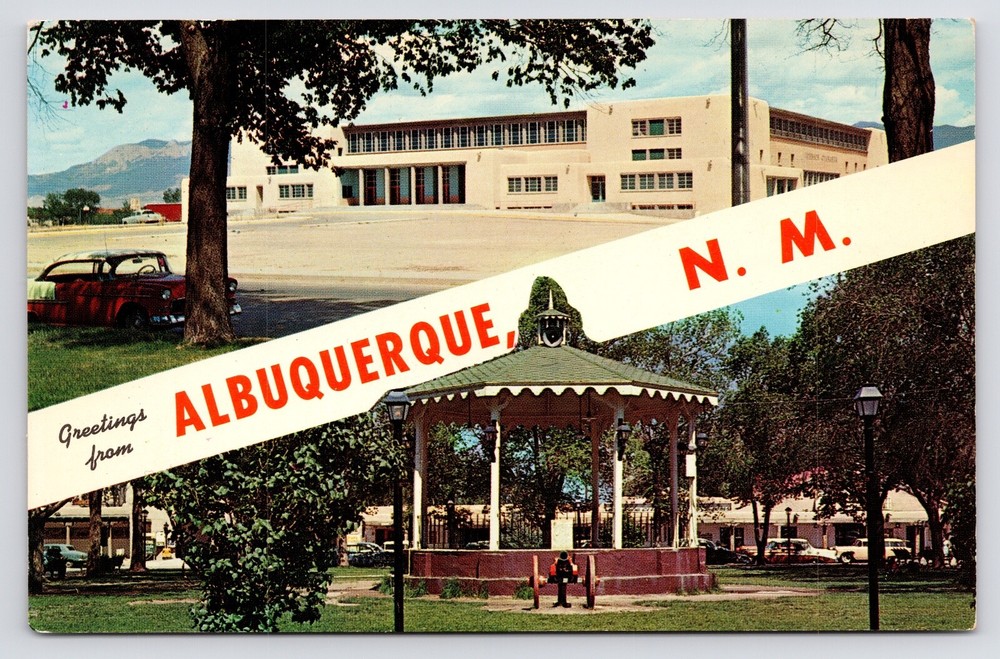 1950s Albuquerque Greetings UNM Gymnasium Plaza Bandstand New Mexico NM Postcard