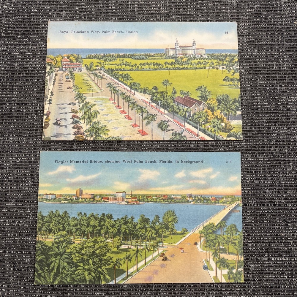 Linen Postcards Palm Beach, FL~Royal Poinciana Way & Flagler Memorial Bridge