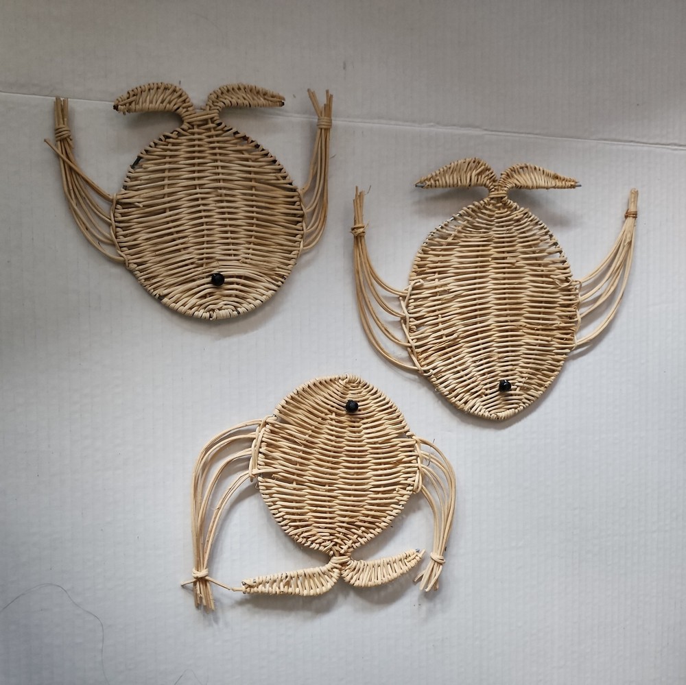 set of 3 vintage Wicker Angel Fish Art Beach Cottage Boho  Nautical wall decor