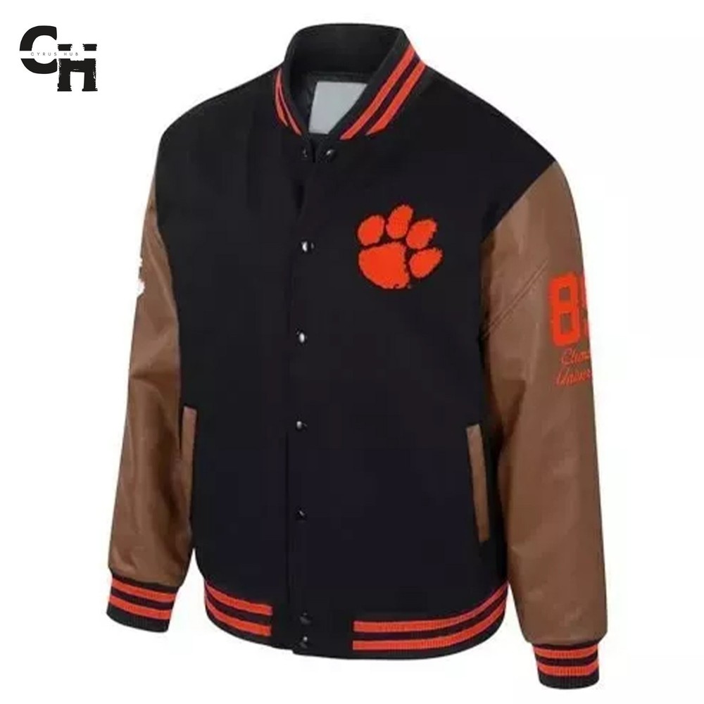 New Letterman Clemson Tigers Black Wool and Brown Leather Sleeves Varsity Jacket