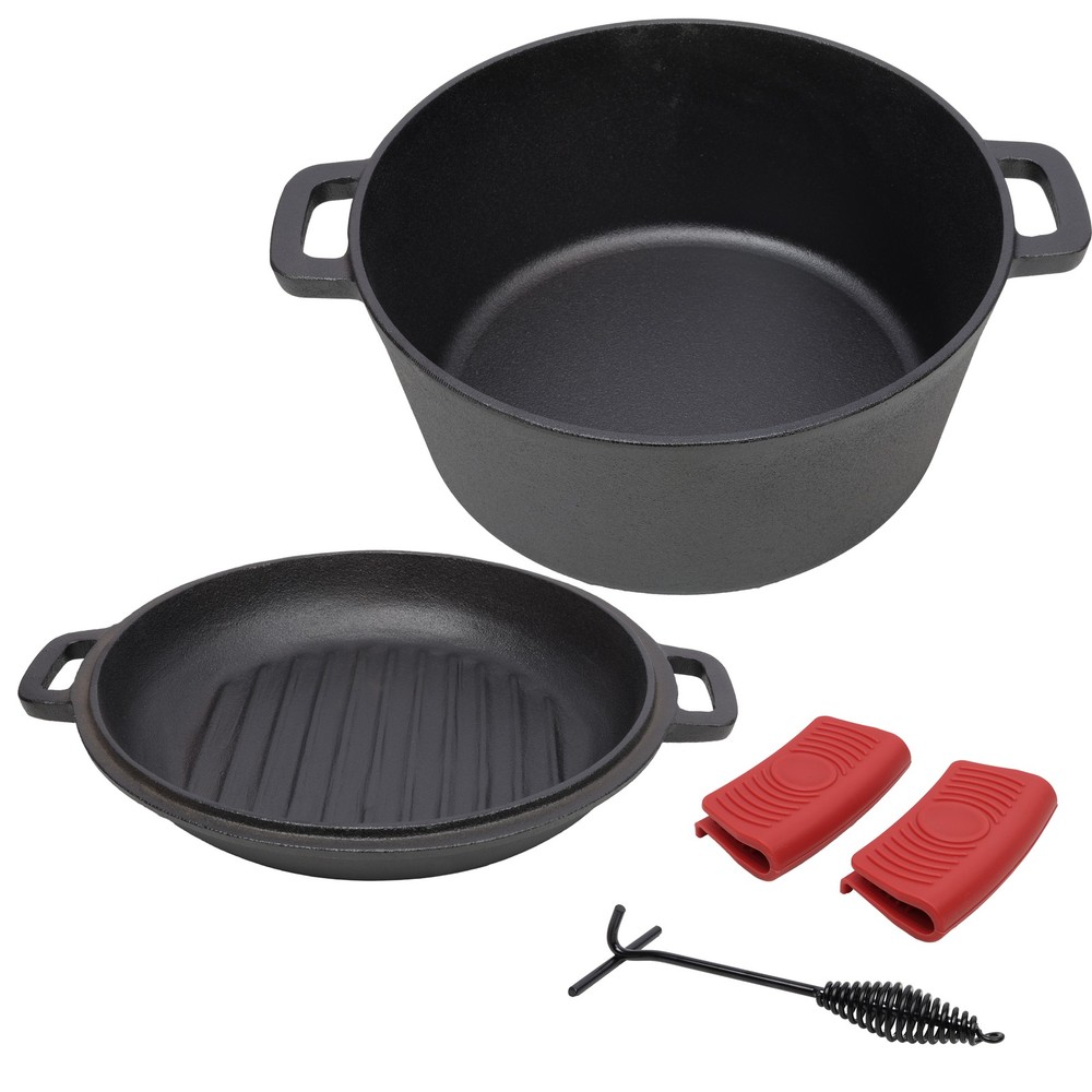 3-in-1 Pre-Seasoned Cast Iron Dutch Oven for Camping – 5 Quart Deep Pot