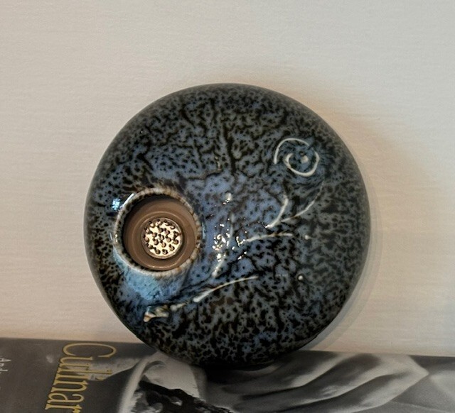 Ikebana Studio Art Pottery Vase with Metal Flower Frog Artist Signed 4.5”