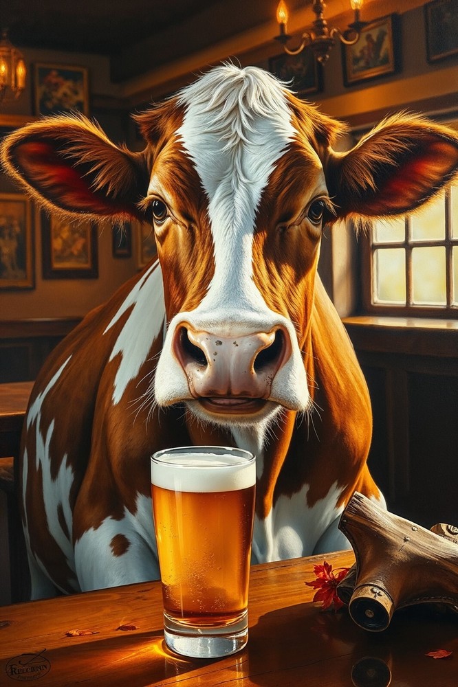 Cow Beer Pub Fantasy Art Print 4x6 High-Quality Photo