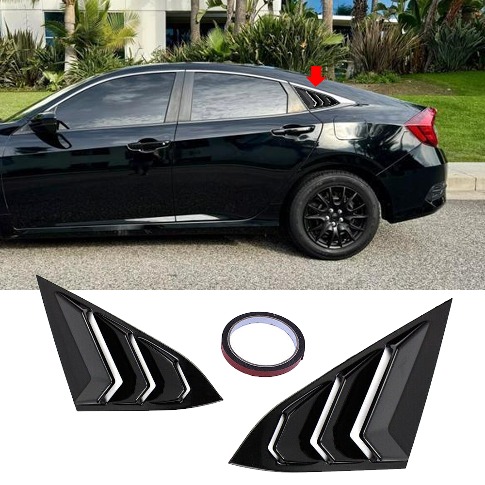 For Honda Civic 16-21 2x Glossy Black Quarter Window Louver Side Vent Cover Trim