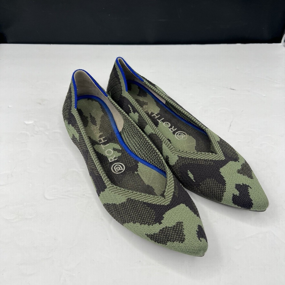 Rothys “THE POINT” Green Camo Knit Pointed Toe Slip On Flats Womens Sz 7.5