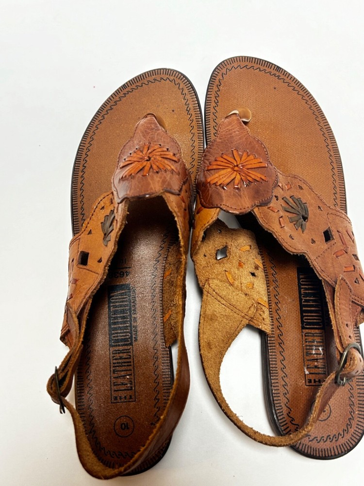 Genuine Leather Flat Brown Sandals Sz 10 Made in Paraguay  Boho Style