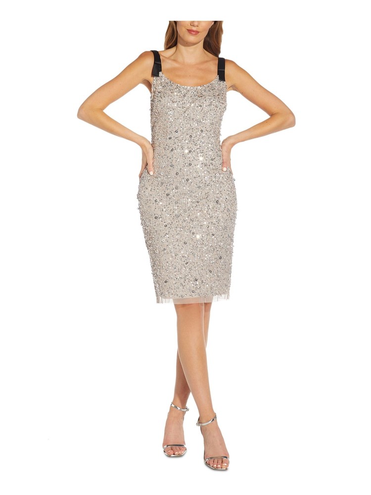 ADRIANNA PAPELL Womens Gray Bow Strap Lined Sleeveless Sheath Dress 16