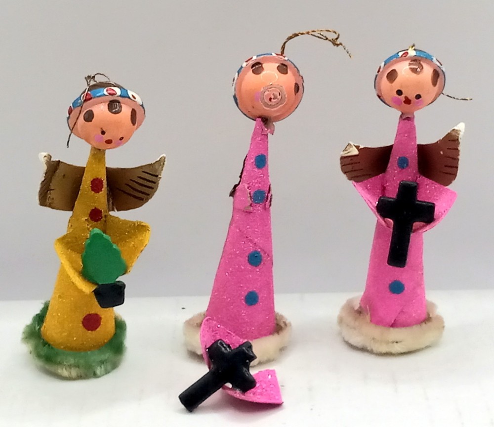 3 Vtg MCM Christmas Angels Ornaments Wood & Glitter Cardboard, Japan Made