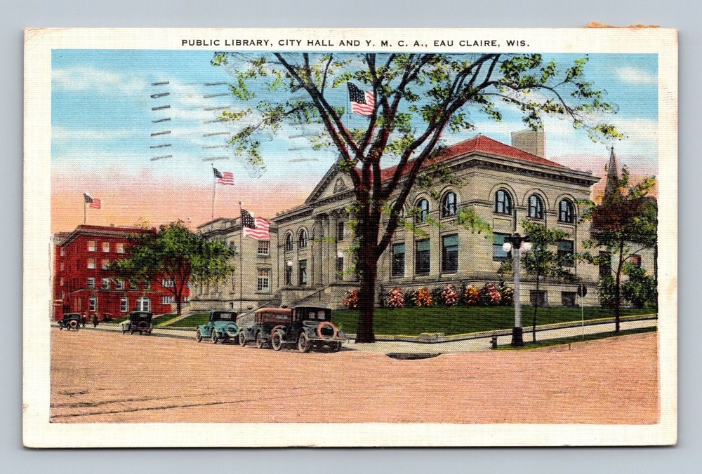 Vintage Linen Postcard Eau Claire WI Public Library & City Hall 1938