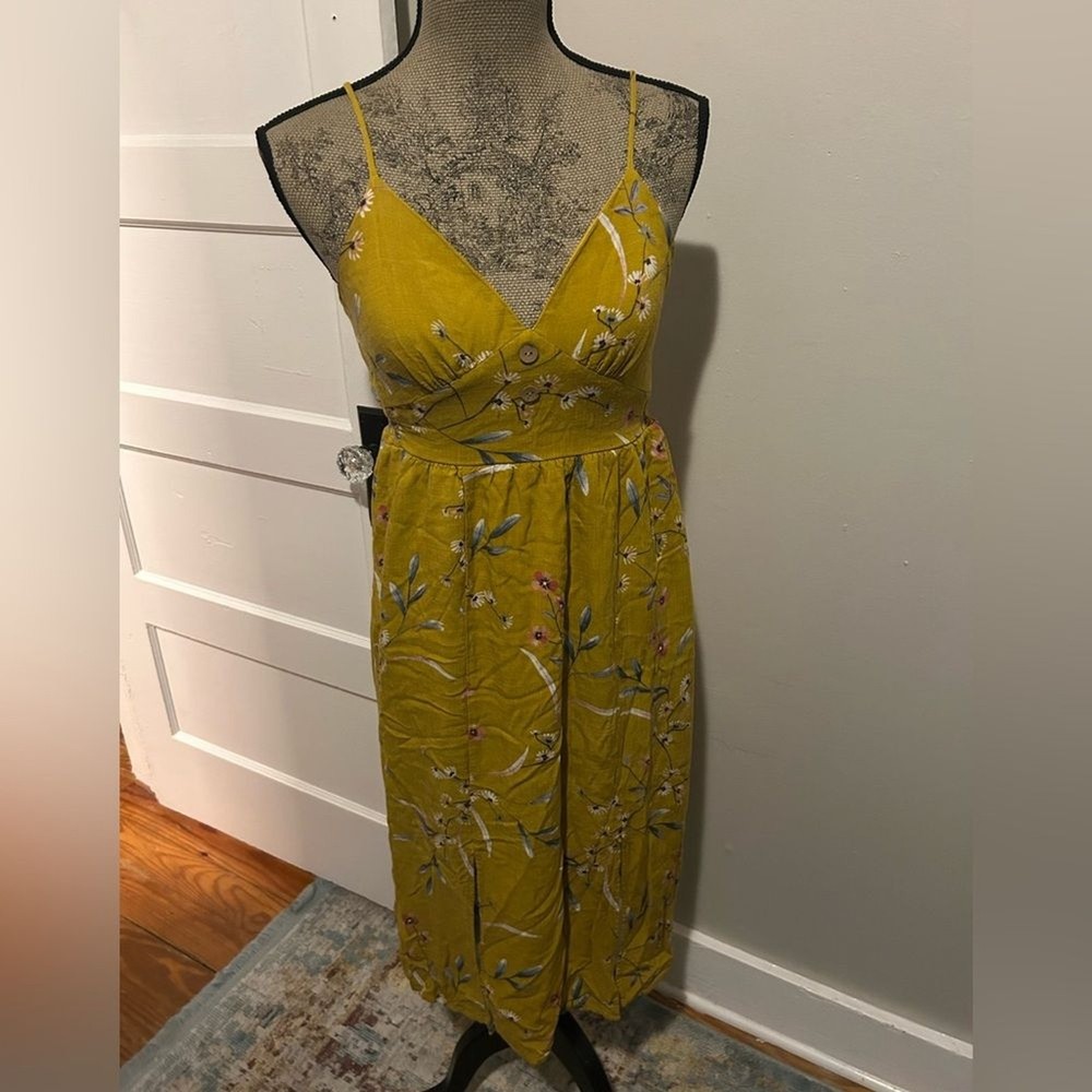 One Clothing Mustard Dress with Floral Accents