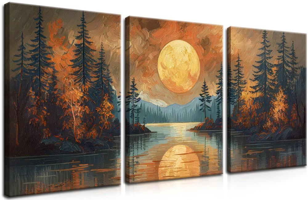 Framed Gold Mountain Forest Sunset Landscape Wall Art Set of 3, Abstract Boho...-image