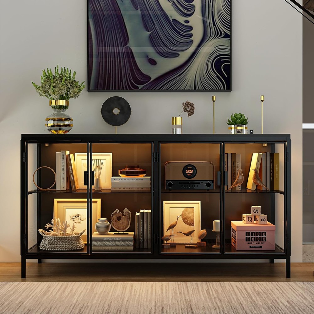 3-Color LED Storage Cabinet with Glass Shelves & 4 Compartments