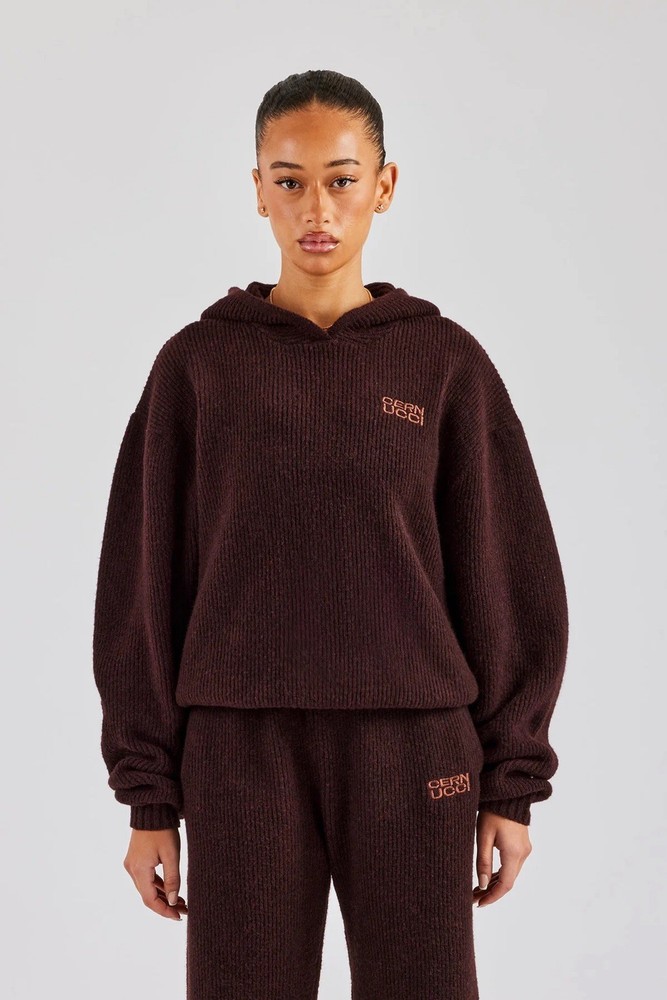 Cernucci Women’s KNIT BOXY EMBROIDERED HOODIE - CHOCOLATE Size Small
