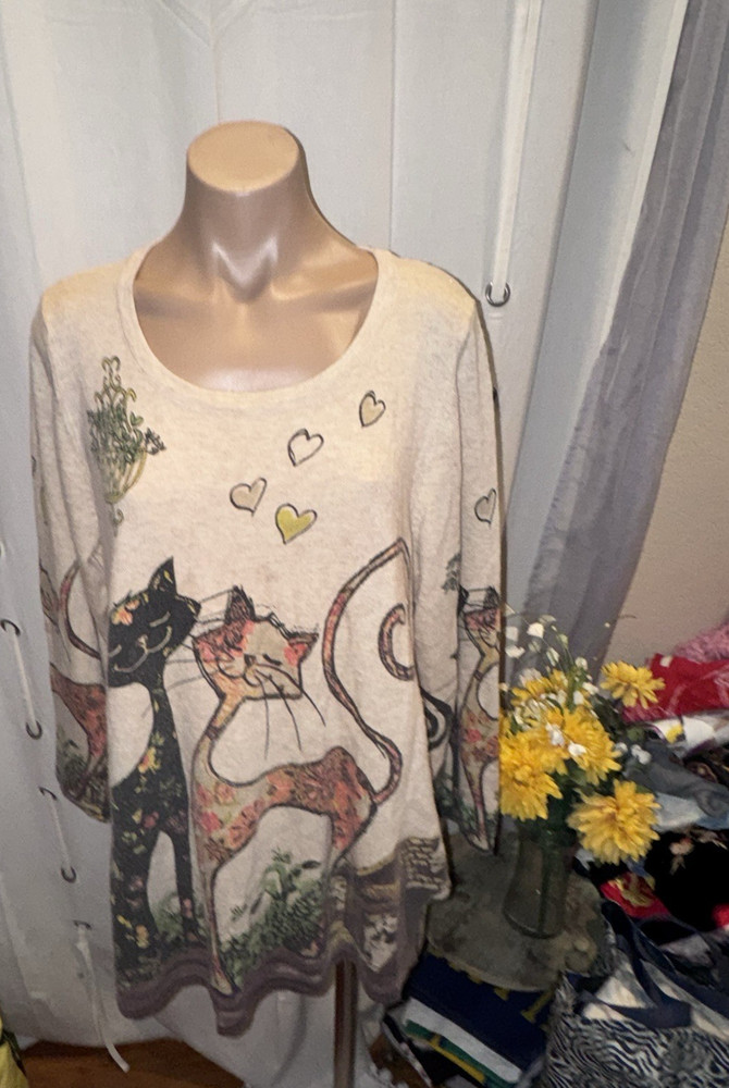 Shana Womens Round Neck A-Line Tunic Sweater Pullover Cat Print SZ XLTaupe Brown