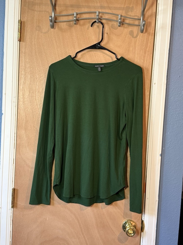 Eileen Fisher Women M Green Long Sleeve Jersey Crew Neck Stretch Pullover Top