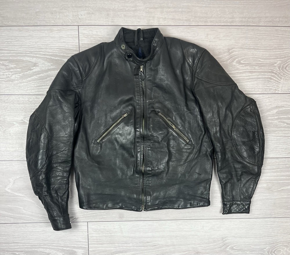 German Vintage 50-60s Lightning Zip Short Biker Leather Black Jacket Mens M Size