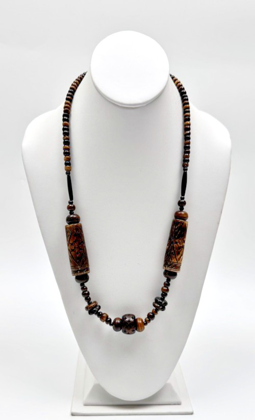 Vintage Dyed Bovine Bead Necklace Carved Tribal Boho Ethnic Statement Jewelry