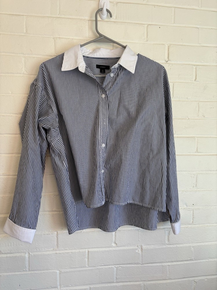 J.Crew Womens White Blue Striped Long Sleeve Cropped Button-Up Shirt Size 10